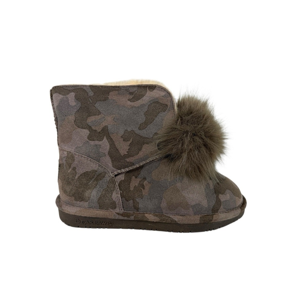 BEARPAW Libby Suede Sheepskin Pom Pom Boot Camouflage Pattern‎ Women's Size 7